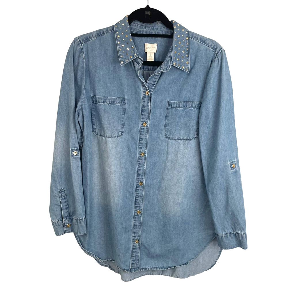 Chico's Soft Denim Embellished Long Sleeve Button Down Women’s 8